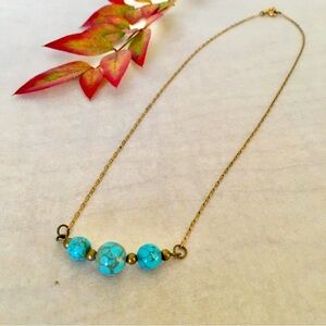 Vintage Turquoise Beaded Curved Bar Necklace | Gold Filled Chain